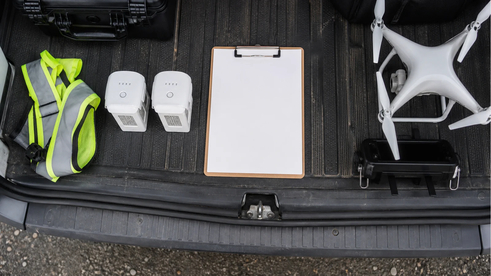 Two Phantom 4 batteries and a day-plan clipboard packed for a UK multi-site drone day