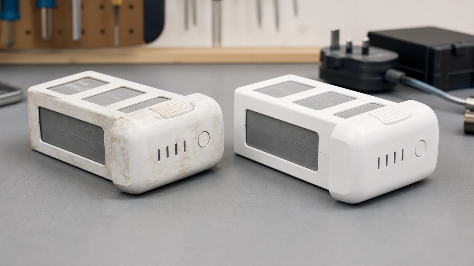 Checklist-style comparison of an aging Phantom 4 Advanced battery and a replacement pack